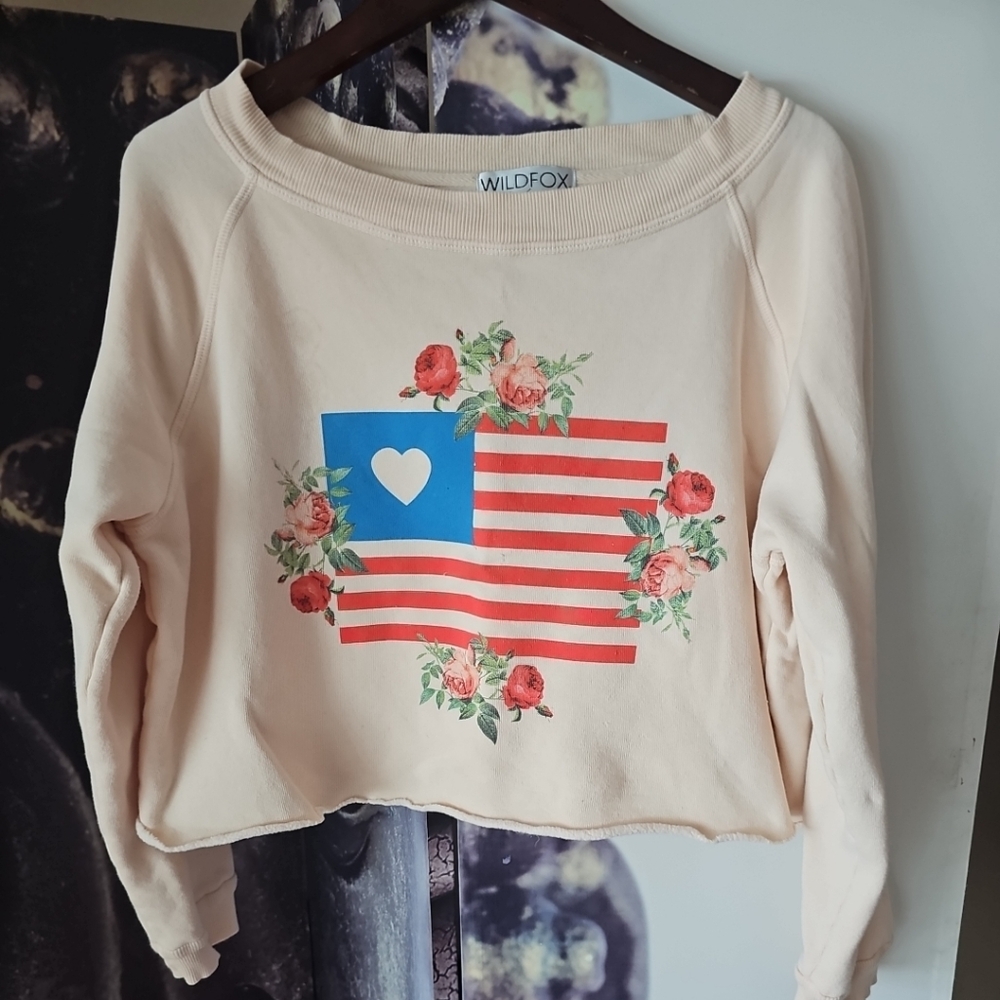 WILDFOX Women's Orange Granny's Flag Monte Cropped Sweater Sweatshirt Size S
